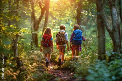 School friends exploring vibrant, enchanted forest with backpacks © Postproduction