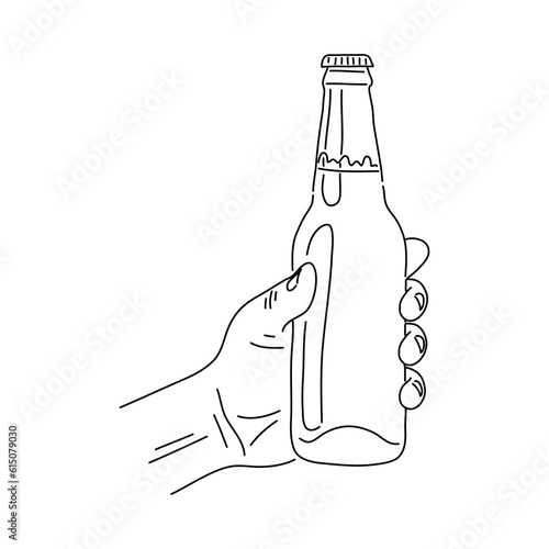 Hand holding beer bottle line art illustration. Hand holding beer hand drawn. Vector.