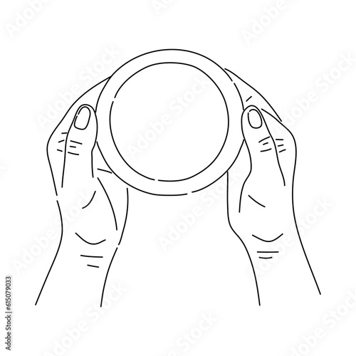 Hands are holding a cup. Cup of tea. Top view. Vector hand drawn illustration.
