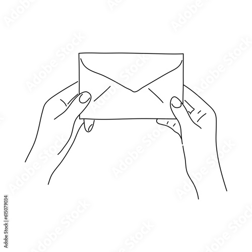 Hand drawn hand holding letter. Vector illustration, doodle style.