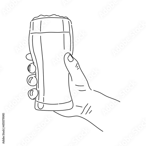 Hand holding a full glass of beer. Hand drawn vector illustration.