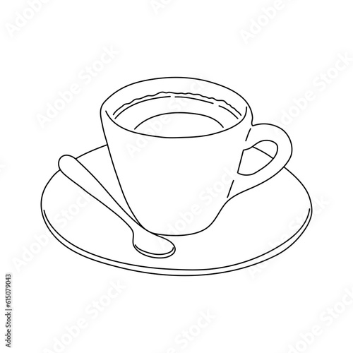 A cup of coffee on a saucer with a spoon. Vector illustration in sketch style.
