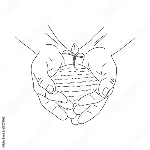 Hands holding handful of earth with growing plant. Ecology or business concept. Vector.