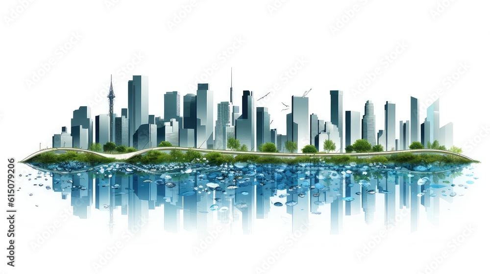 City on the river double exposure illustration - Generative AI.