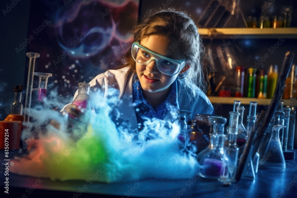 Student girl conducting a science experiment in a laboratory, surrounded by bubbling beakers and colorful chemical reactions