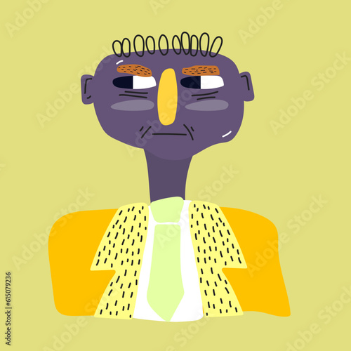 Funny vector illustration of a stylized man with a tie and a jacket, with a purple face and a red nose on a plain background. Vector illustration of a drinking office worker