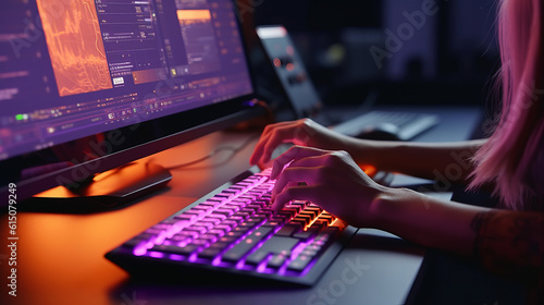 Woman typing on keyboard close-up view with cinematic lighting colors purple and orange