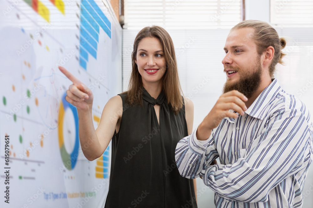 Female manager pointing graph and looking at presentations on ...