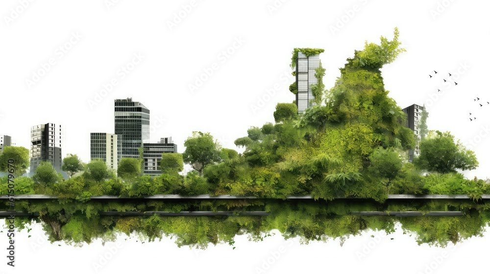 City in green leaves double exposure illustration - Generative AI.