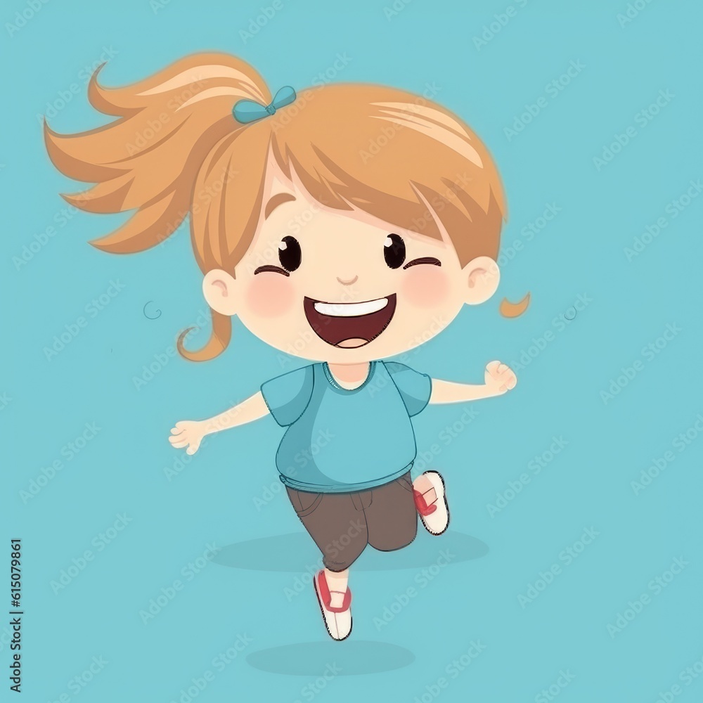 Cartoon little girl Jumping over a blue background. Creative AI Cartoon little girl Jumping over a blue background. Creative AI