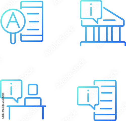 Types of informational support pixel perfect gradient linear vector icons set. Online and offline services. Thin line contour symbol designs bundle. Isolated outline illustrations collection