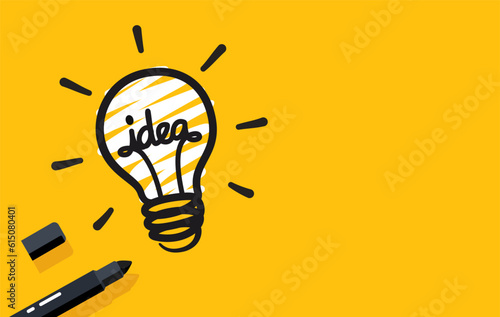 Doodle hand-drawn light bulb icon and black pen marker. Concept of the idea. Vector illustration Flat design for banner, poster, wallpaper, and background.