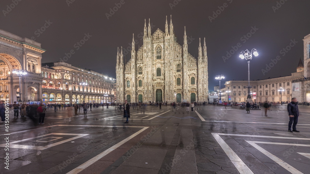 Panorama showing Milan Cathedral and Vittorio Emanuele gallery night timelapse.