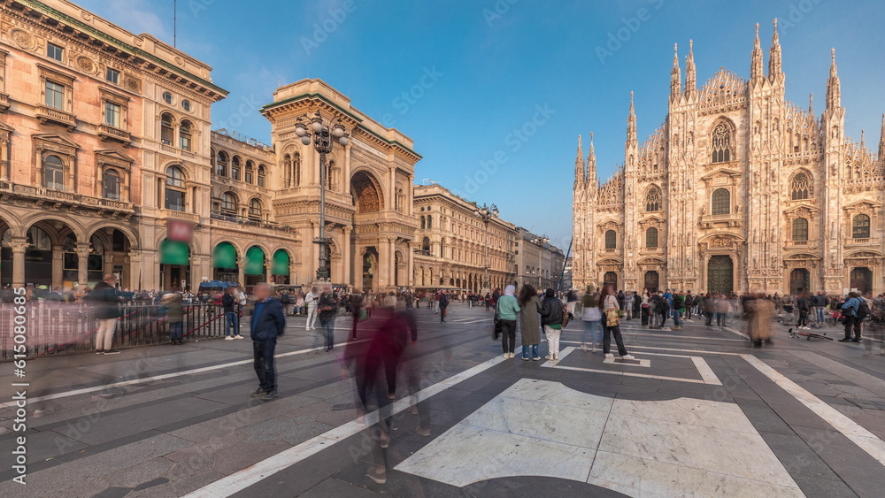 Panorama showing Vittorio Emanuele gallery and Milan Cathedral timelapse.