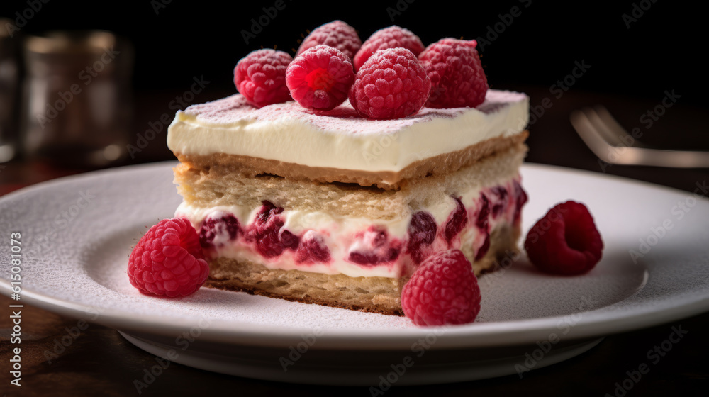 Raspberry fruits tiramisu dessert close-up view Raspberry fruits tiramisu dessert close-up view