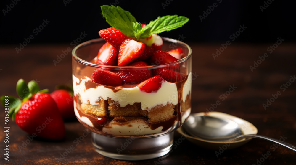 Strawberry fruits tiramisu dessert close-up view Strawberry fruits tiramisu dessert close-up view