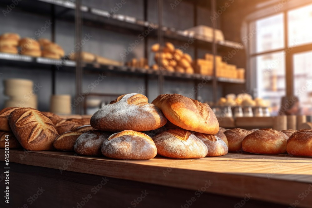 
Freshly baked bread on the counter in a bakery. Baking concept. Generative AI.
