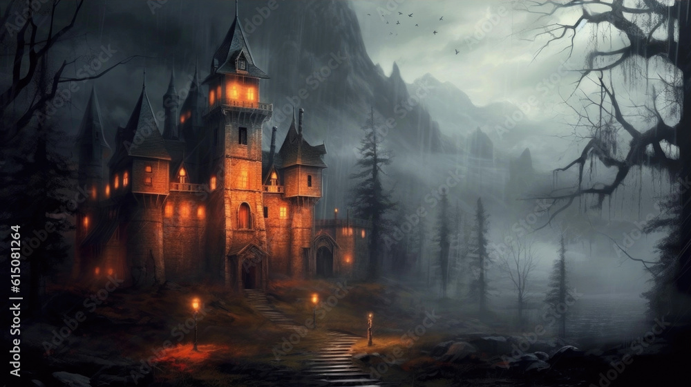 Fantasy landscape with a castle in a foggy forest in the mountains. Halloween castle. Generative AI.
