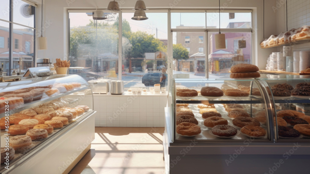 Fresh donuts in the bakery. Generative AI.