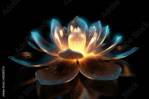 Highly detailed 3d lotus flower, thing glowing lines, ray traced reflections on black background Generative AI © LayerAce.com