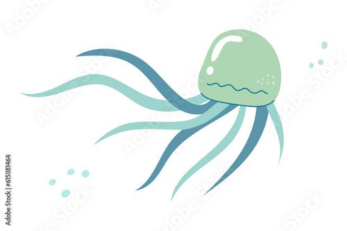 Jellyfish cartoony flat decoration. Hand-drawn poisonous medusa, marine oceanic inhabitant, simple nautical character design. Isolated. Vector illustration.