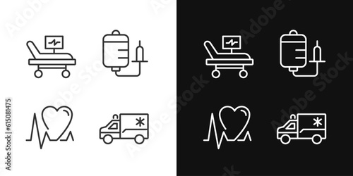 Emergency procedures pixel perfect linear icons set for dark, light mode. Intensive care. Cardiac resuscitation. Thin line symbols for night, day theme. Isolated illustrations. Editable stroke