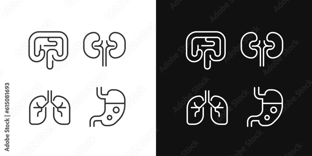 Human organs pixel perfect linear icons set for dark, light mode. Gastrointestinal system. Organs transplantation. Thin line symbols for night, day theme. Isolated illustrations. Editable stroke