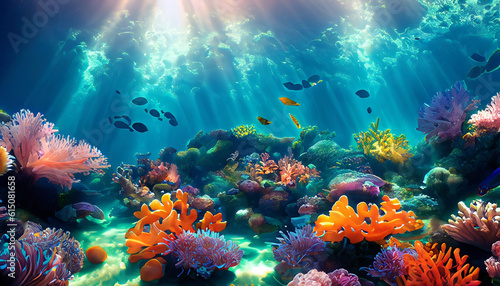 Enchanting Underwater Coral Reef with Colorful Fish and Marine Creatures - Generative AI © Ehotyshamull