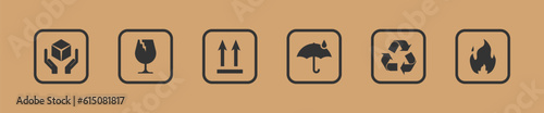 Packaging symbols set, icon on cardboard paper background. Warning symbols for delivery. Isolated vector illustration