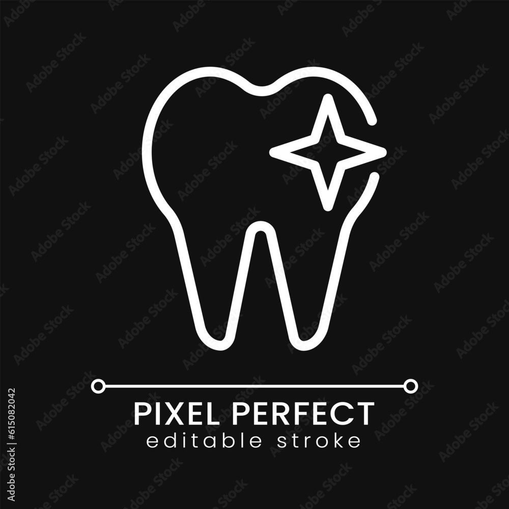 Obraz premium Tooth pixel perfect white linear icon for dark theme. Dental care and hygiene. Grinding teeth. Healthy molar. Thin line illustration. Isolated symbol for night mode. Editable stroke. Poppins font used