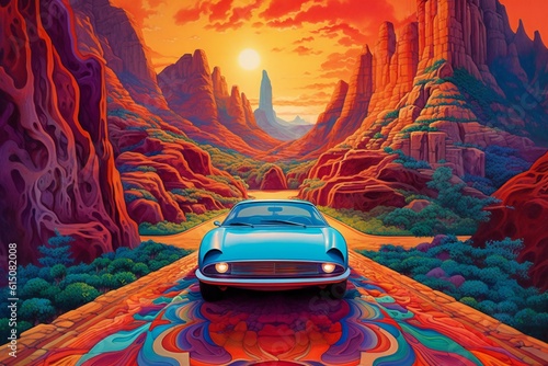 Luxury car is being driven down a path with glowing red mountains in the background, in the style of dino valls, colorful, elaborate Generative AI photo