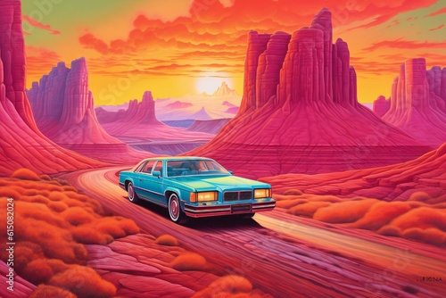 Luxury car is being driven down a path with glowing red mountains in the background, in the style of dino valls, colorful, elaborate Generative AI