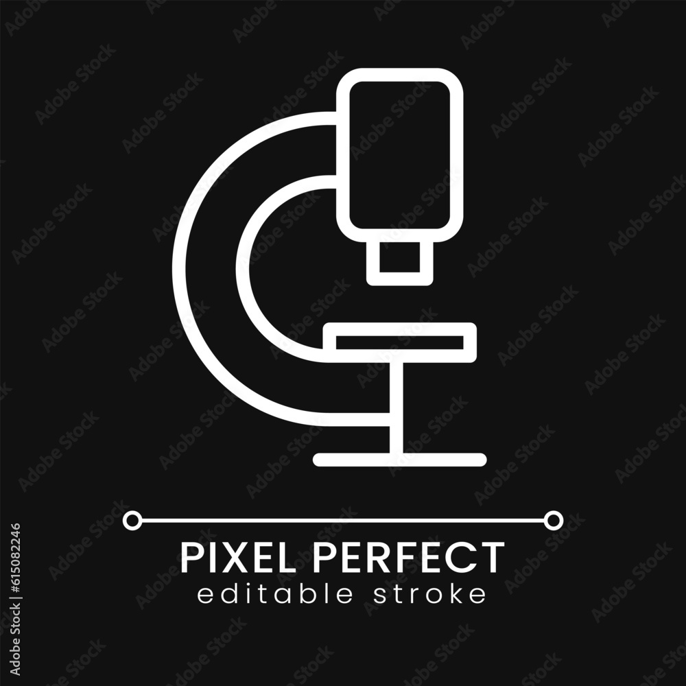 Microscope pixel perfect white linear icon for dark theme. Laboratory instrument. Medical test, analysis. Thin line illustration. Isolated symbol for night mode. Editable stroke. Poppins font used Microscope pixel perfect white linear icon for dark theme. Laboratory instrument. Medical test, analysis. Thin line illustration. Isolated symbol for night mode. Editable stroke. Poppins font used