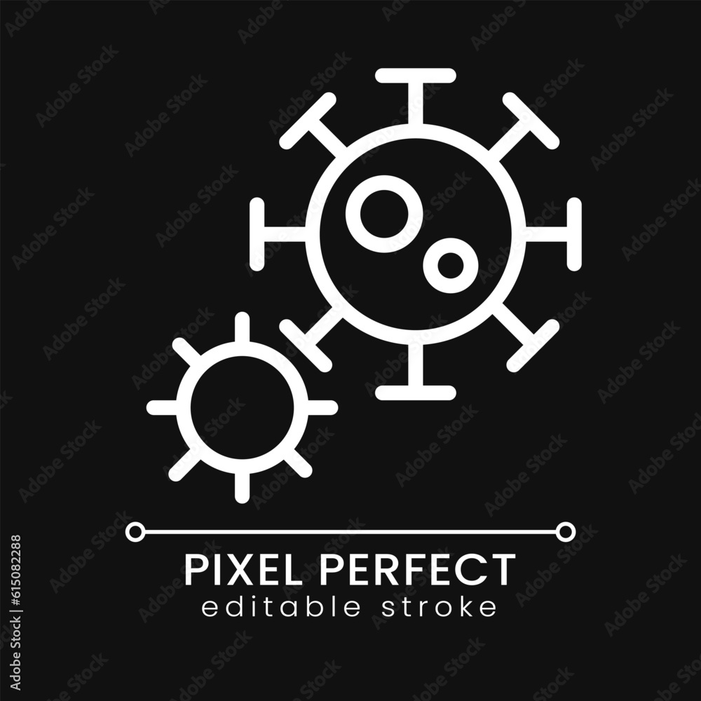 Coronavirus pixel perfect white linear icon for dark theme. Contagious virus. Microorganism. Infection. Thin line illustration. Isolated symbol for night mode. Editable stroke. Poppins font used