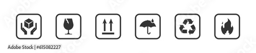 Fragile, handle with care, keep dry, upward, fire, recycled set icon. Packaging symbols. Warning symbols for delivery. Isolated vector illustration