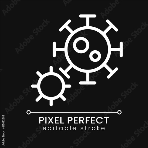 Coronavirus pixel perfect white linear icon for dark theme. Contagious virus. Microorganism. Infection. Thin line illustration. Isolated symbol for night mode. Editable stroke. Poppins font used