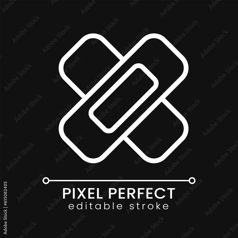Adhesive bandage pixel perfect white linear icon for dark theme. Medical dressing. Sticking plaster. Thin line illustration. Isolated symbol for night mode. Editable stroke. Poppins font used Adhesive bandage pixel perfect white linear icon for dark theme. Medical dressing. Sticking plaster. Thin line illustration. Isolated symbol for night mode. Editable stroke. Poppins font used