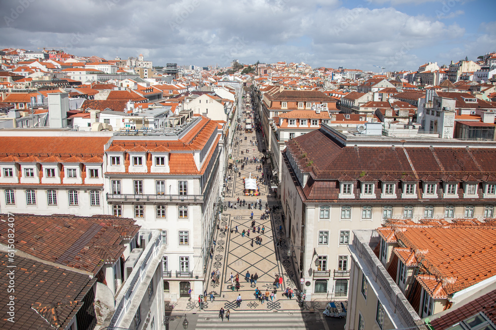 Center of Lisbon with people in the street from the rooftop