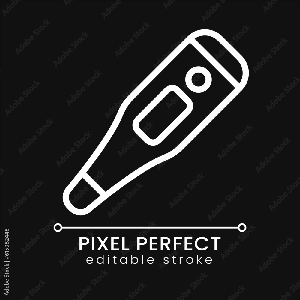 Electronic thermometer pixel perfect white linear icon for dark theme. Temperature measurement tool. Thin line illustration. Isolated symbol for night mode. Editable stroke. Poppins font used Electronic thermometer pixel perfect white linear icon for dark theme. Temperature measurement tool. Thin line illustration. Isolated symbol for night mode. Editable stroke. Poppins font used