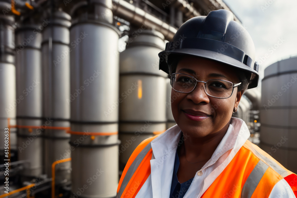 Digital portrait of a senior successful confident professional female Petrochemical engineer standing in a Gas storage. Concept of active age. Generative AI Digital portrait of a senior successful confident professional female Petrochemical engineer standing in a Gas storage. Concept of active age. Generative AI