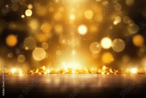 Holiday sparkle. Premium shiny gold effect decoration abstract design bokeh black blurred background Generative AI illustrations © Thares2020