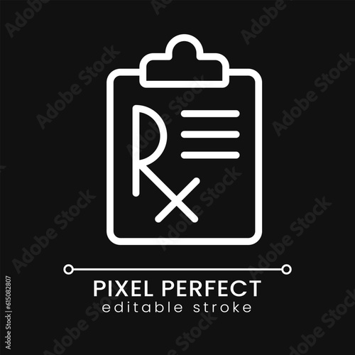 Medical prescription pixel perfect white linear icon for dark theme. Disease treatment. Medication therapy. Thin line illustration. Isolated symbol for night mode. Editable stroke. Poppins font used