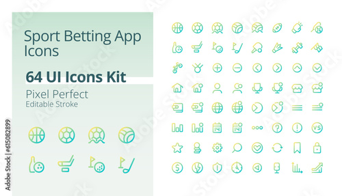 Sport betting online pixel perfect gradient linear ui icons kit. Gambling websites. Line contour user interface symbols. Modern style pictograms. Vector isolated outline illustrations