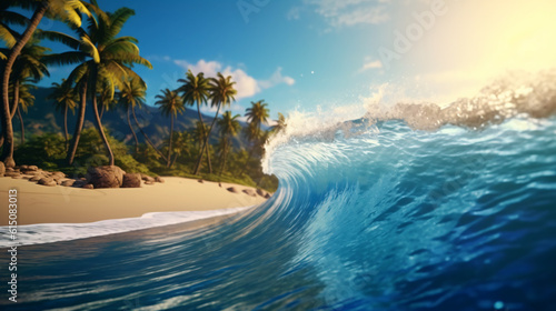 summer wallpaper  beach scene, waves surf with amazing blue ocean sea island palm tree, ocean wallpaper   © Micromedia