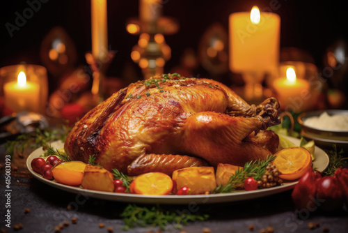 thanksgiving dinner with roasted turkey and candles. autumnal or christmas decoration