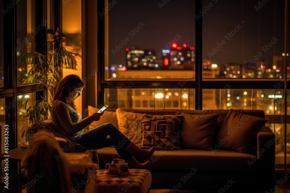 People using technology at night in their homes. 