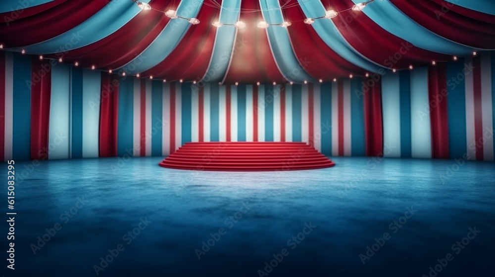 A circus background with colors white, blue and red with space to promote products and events. Generative ai.