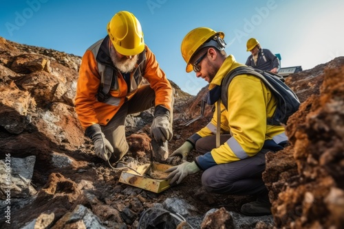 Geologists examining rock samples or using specialized equipment to analyze the geological composition of a mining site, emphasizing the scientific aspect of mining. Generative AI