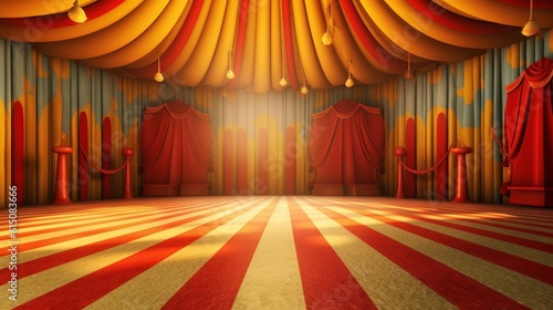 A circus background with colors yellow and red with space to promote products and events. Generative ai.