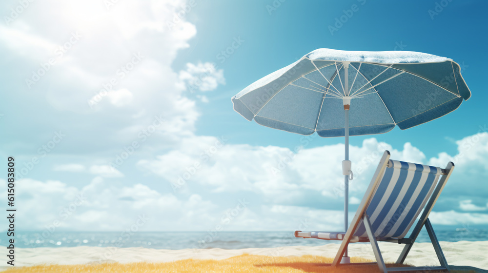 Beach summer Outdoor Beach chair sunglasses with umbrella sunny day sky with clouds amazing blue ocean sea island